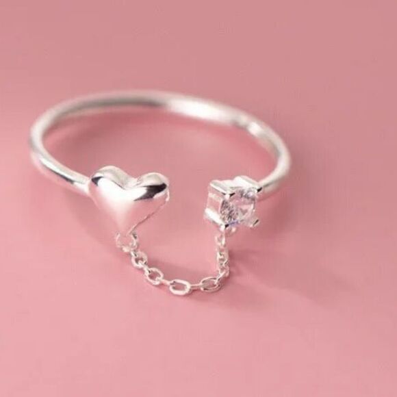 The Dainty Chain Heart ring adjustable 925 silver and moonstone - Picture 4 of 14